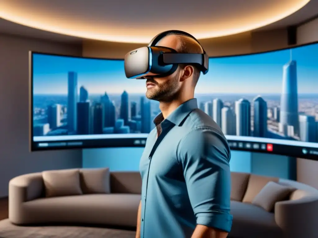Realidad virtual de alta tecnología para inversiones inmobiliarias Herramientas digitales para inversionistas inmobiliarios: un inversor usando un visor de realidad virtual con visualización 3D de un edificio de lujo