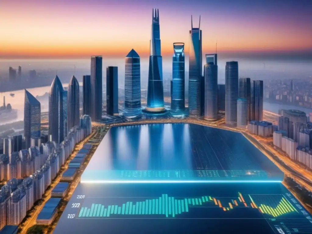 Análisis inmobiliario global en tiempo real: datos y gráficos interactivos Herramientas digitales para inversionistas inmobiliarios: Interface futurista con datos globales del mercado inmobiliario en una ciudad al atardecer