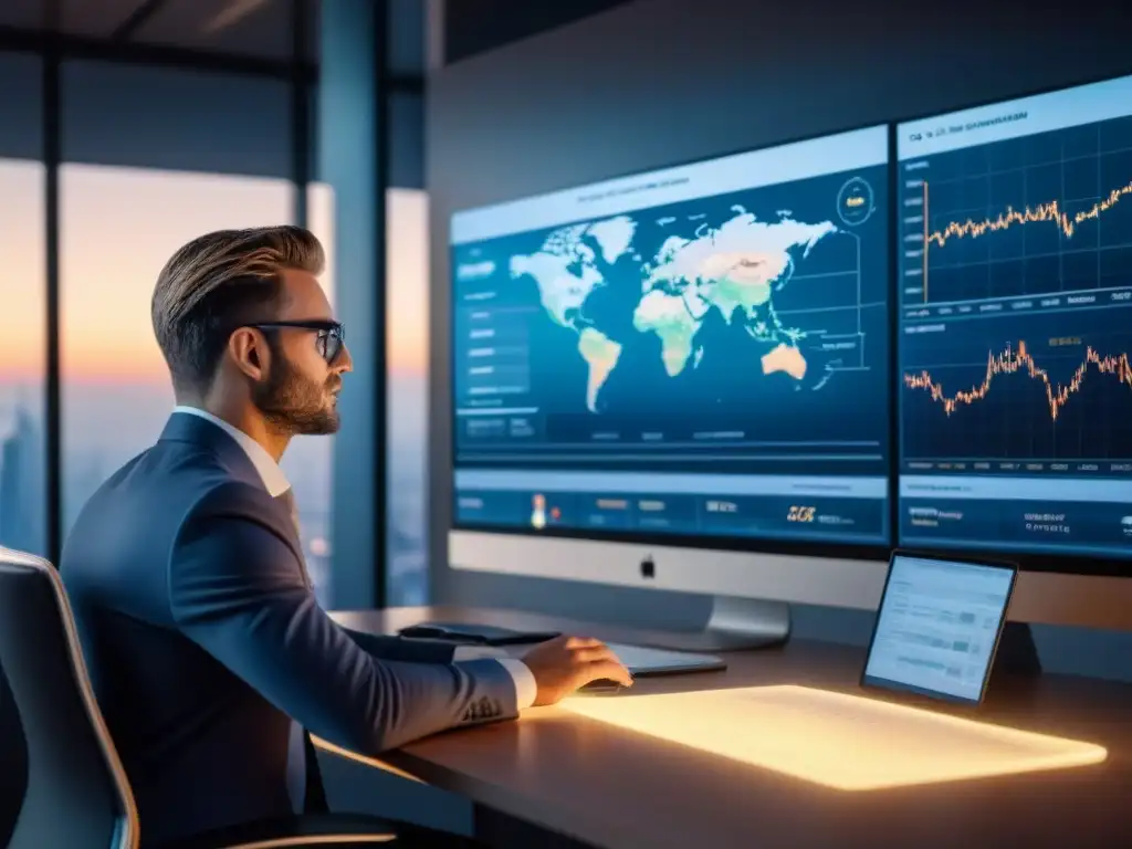 Interfaz digital futurista del mercado inmobiliario global en 8k Herramientas digitales para inversionistas inmobiliarios: interfaz futurista con datos globales y mapas interactivos en pantalla de alta resolución