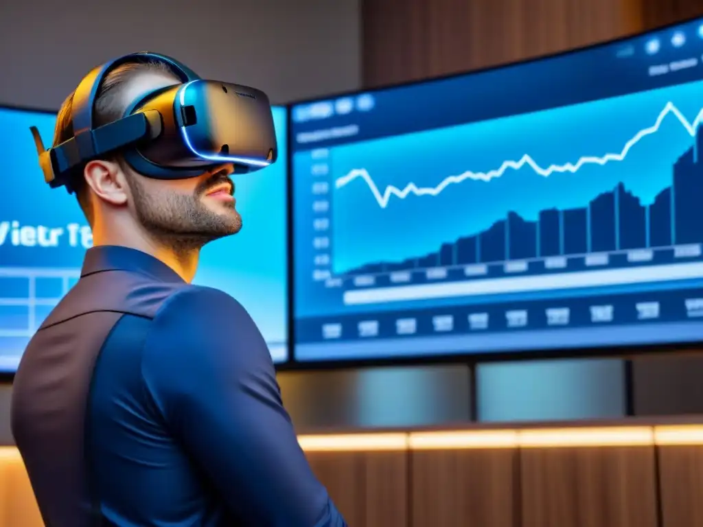 Realidad virtual futurista y datos financieros de alta tecnología Herramientas tecnológicas para invertir en inmobiliaria: un futurista headset de realidad virtual sobre un panel de inversión avanzado
