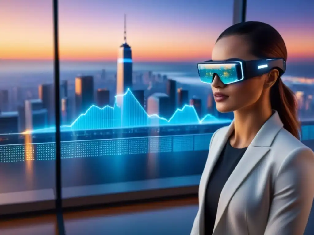 Interfaz holográfica futurista de valuación inmobiliaria en tiempo real Herramientas tiempo real tasaciones inmobiliarias en interfaz holográfica futurista con gráficos vibrantes y estadísticas flotantes
