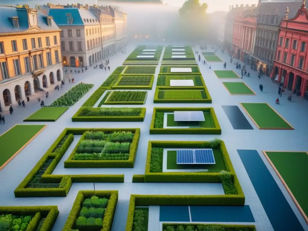 Plaza histórica se transforma en espacio verde sostenible Transformación de plaza histórica en espacio verde moderno con arquitectura ecológica
