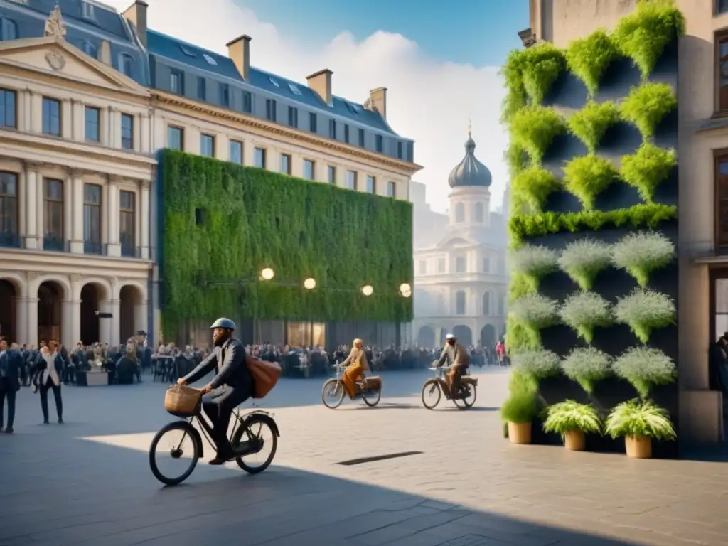 Plaza histórica renace verde: armonía histórica y sostenibilidad Transformación ecológica en plaza histórica con jardines verticales, paneles solares y actividades sostenibles