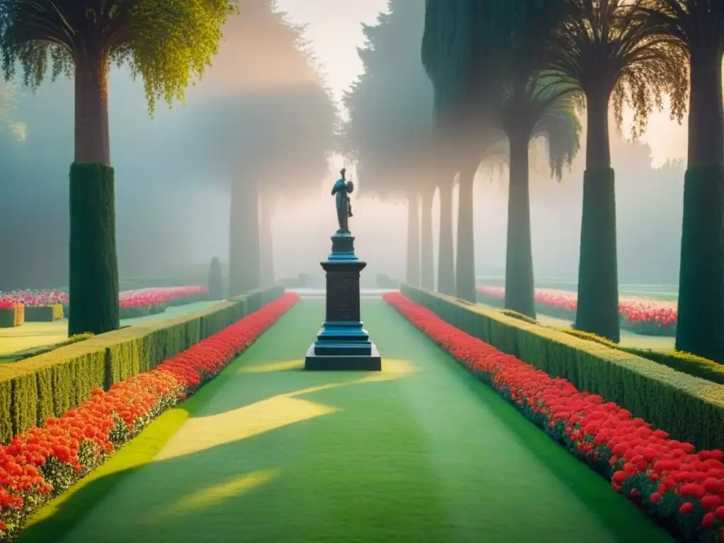Jardín histórico: elegancia y color bajo el sol Un jardín histórico restaurado con senderos, flores vibrantes y estatuas, bañado por la cálida luz del atardecer