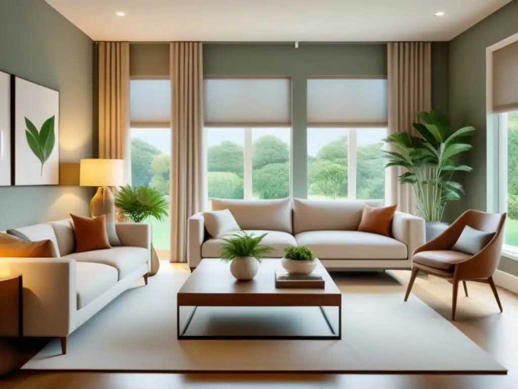 Equilibrio de seguro de hogar: seguridad y confort en sala moderna Un hogar equilibrado y seguro: documento de seguro propietario en una sala moderna, entre plantas verdes y luz cálida