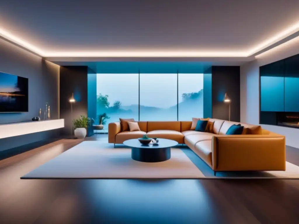 Interior futurista de hogar inteligente: rehabilitación con IA Un hogar inteligente futurista con IA para rehabilitación de propiedades, muebles automatizados y diseño minimalista