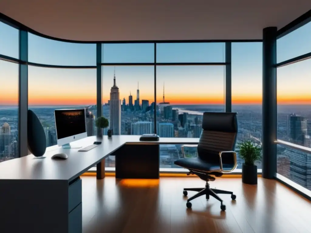 Oficina en casa moderna con vista panorámica de ciudad Un hogar moderno con oficina minimalista y vista panorámica de la ciudad