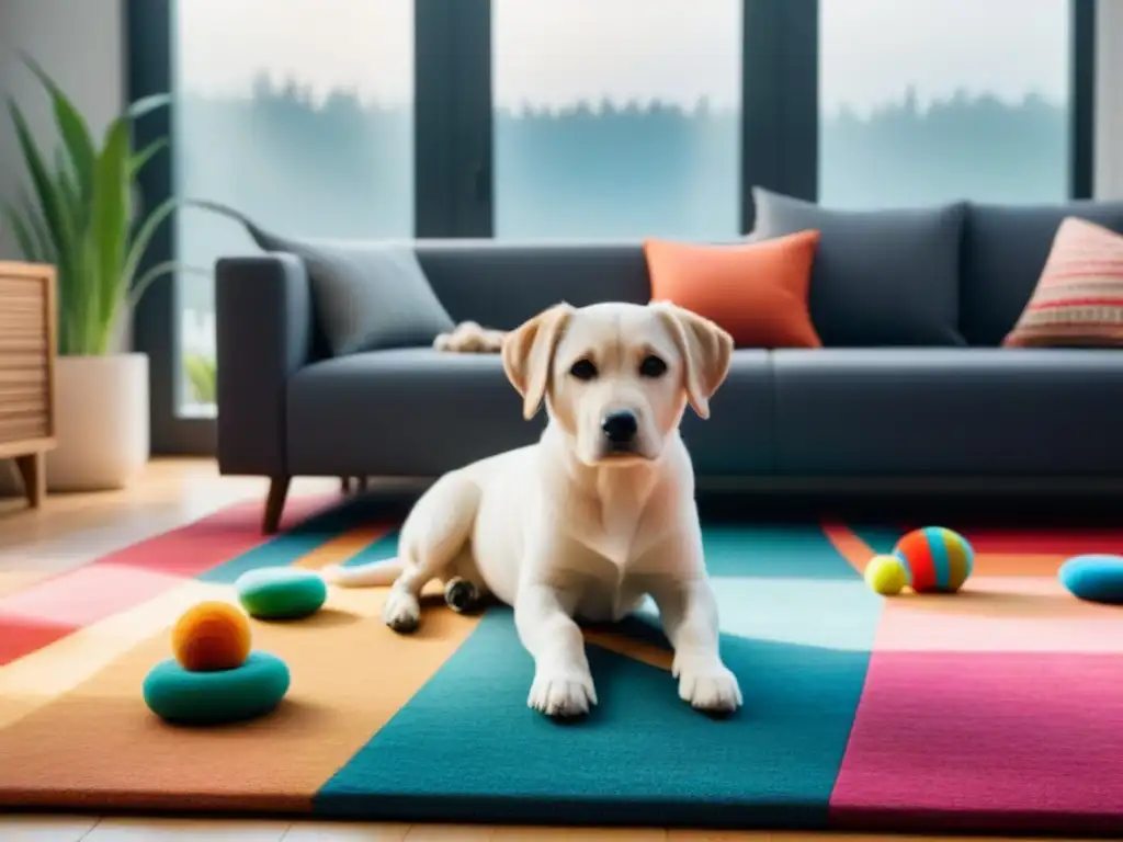Sala de estar moderna con cachorro juguetón y decoración acogedora Un hogar moderno con un sofá acogedor y un cachorro juguetón en una alfombra colorida, rodeados de juguetes para mascotas y una elegante cama