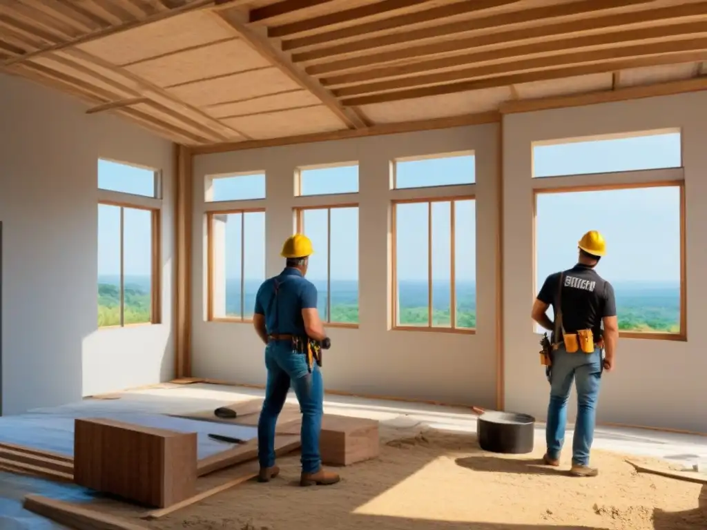 Reconstrucción moderna postdesastre: la resilencia en acción Reconstrucción posdesastre en hogar moderno, trabajadores con cascos reedifican secciones dañadas, bajo cielo azul