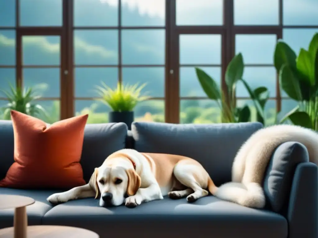 Sala de estar acogedora con perro feliz en sofá moderno Un hogar seguro y acogedor para mascotas: sala moderna con perro feliz en un sofá junto a ventana, rodeado de plantas vibrantes