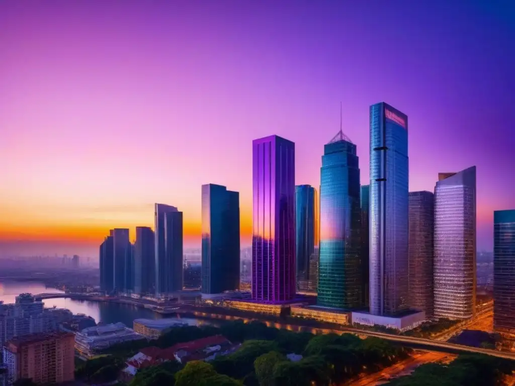 Horizonte urbano al atardecer: reflejos y luces de ciudad Horizonte de la ciudad al atardecer con rascacielos iluminados y cielo en tonos cálidos