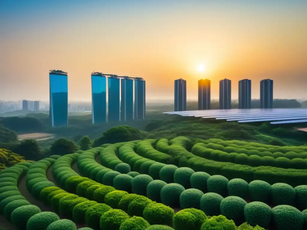 Horizonte ecofriendly: ciudad futurista sostenible entre jardines verticales y energías renovables Horizonte de ciudad futurista con edificios verdes rodeados de jardines verticales, energía solar y eólica al atardecer
