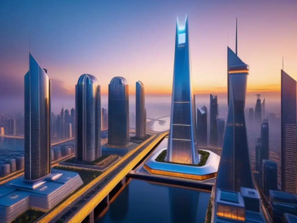 Horizonte futurista: ciudad ultra detallada en 8k Un horizonte de ciudad futurista con rascacielos altos reflejando el sol poniente, mostrando un diseño arquitectónico avanzado