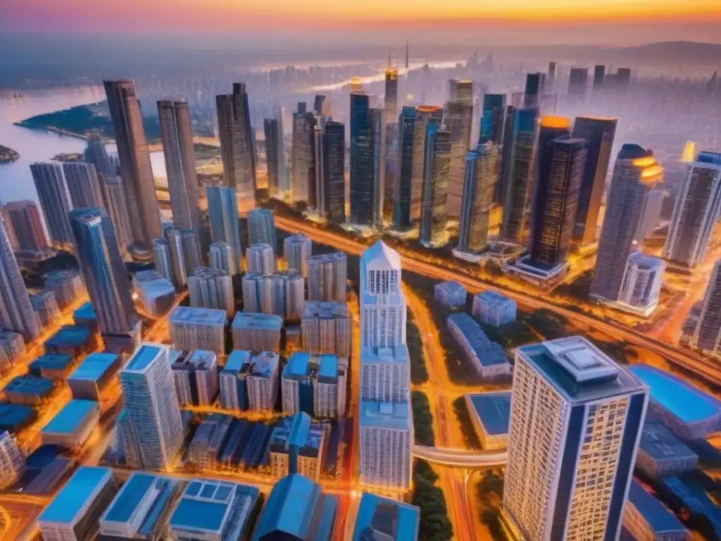 Espectacular panorama urbano al atardecer: rascacielos modernos y calles iluminadas Un horizonte de ciudad moderna al atardecer, con rascacielos y edificios residenciales