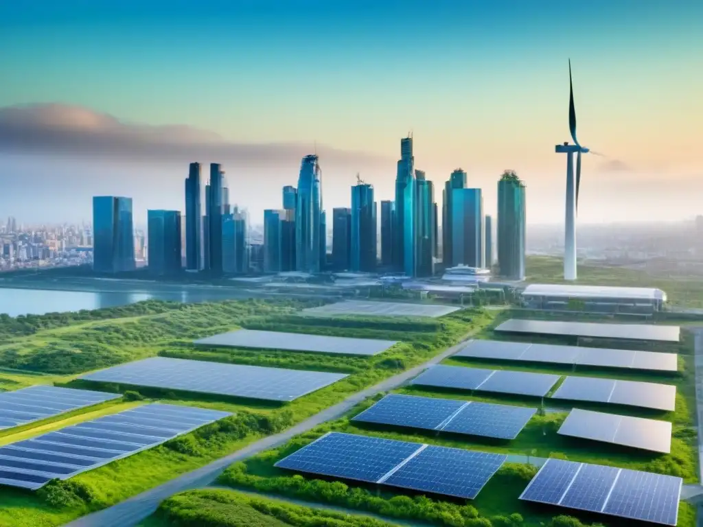 Horizonte urbano verde futurista: tecnologías sostenibles en armonía Horizonte de ciudad verde futurista con tecnologías verdes avanzadas y financiamiento proyecto restauración