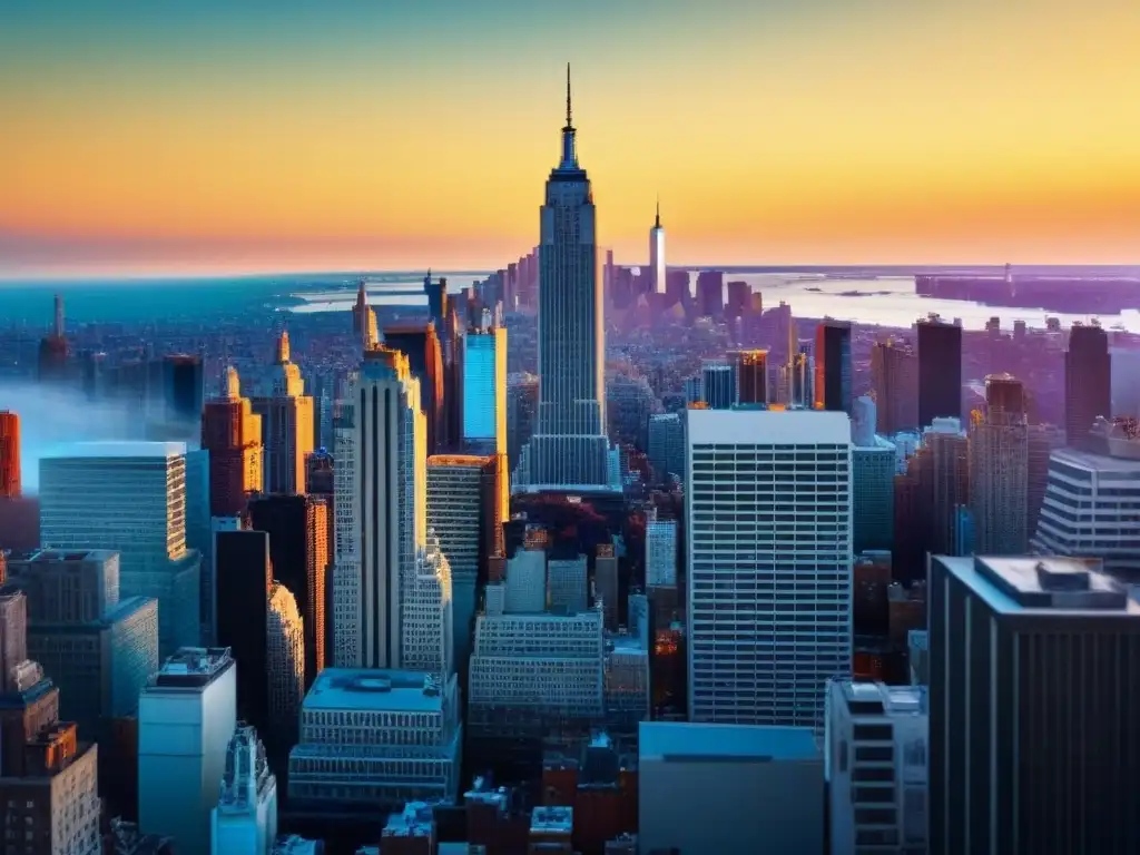 Skyline de Nueva York: fusión de estilos arquitectónicos La icónica línea del horizonte de Nueva York muestra el contraste entre estilos arquitectónicos en una imagen 8k detallada