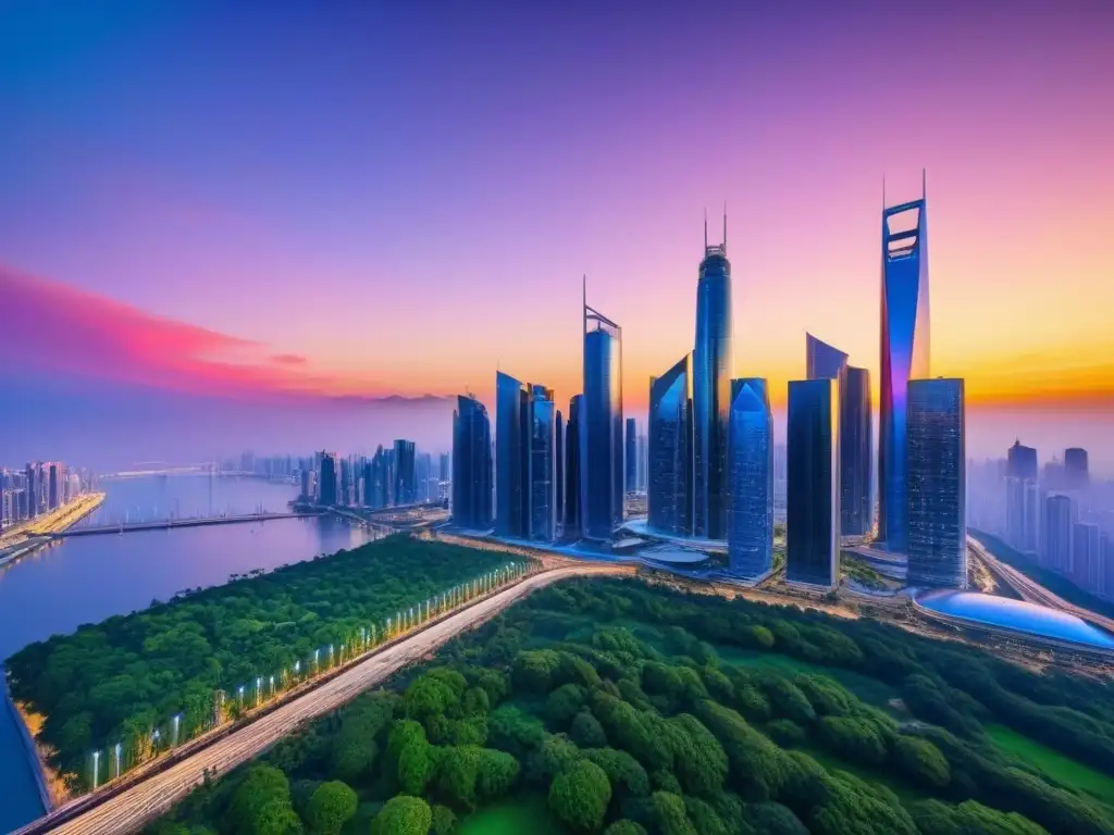 Metrópolis futurista: innovación y sofisticación en inversión inmobiliaria Horizonte futurista de la ciudad con rascacielos de vidrio y acero, conectados por pasarelas transparentes
