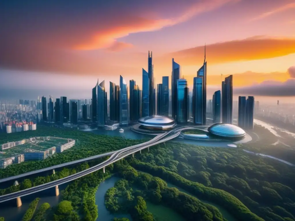 Horizonte futurista: ciudad innovadora y sostenible Un horizonte futurista de una ciudad con rascacielos reflejando el sol, rodeada de vegetación y autopistas, transmitiendo progreso y sostenibilidad