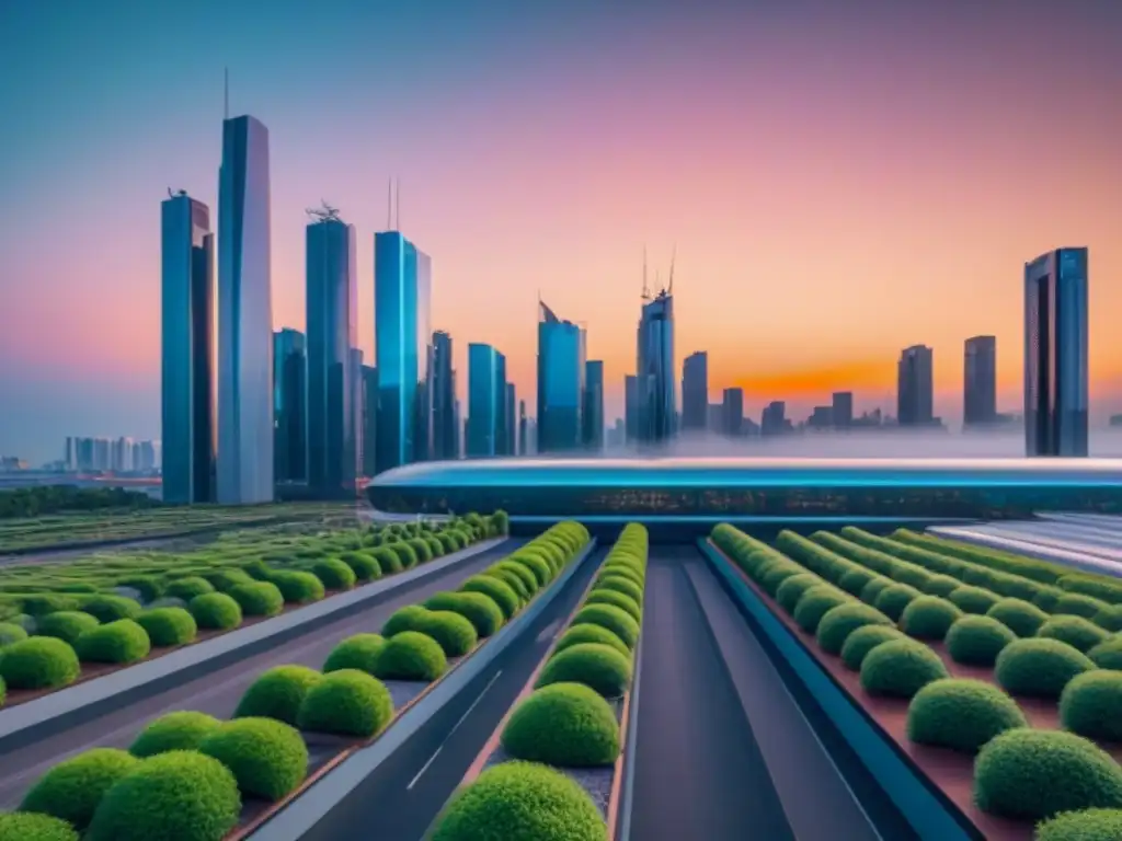 Horizonte urbano futurista: atardecer vibrante en una ciudad innovadora Horizonte futurista de una ciudad con rascacielos modernos reflejando un vibrante atardecer, símbolo de análisis tendencias mercado inmobiliario