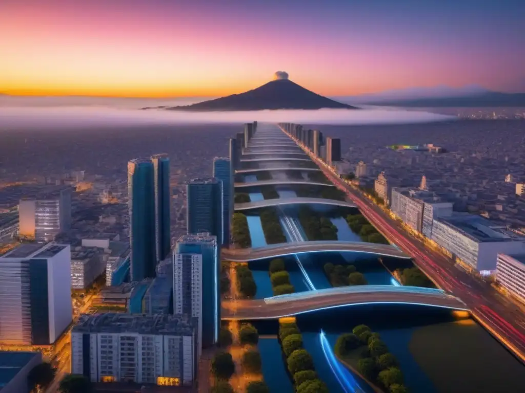 Horizonte futurista de Ciudad de México al atardecer Horizonte futurista de la Ciudad de México con rascacielos modernos, puentes concurridos y la cálida luz del atardecer