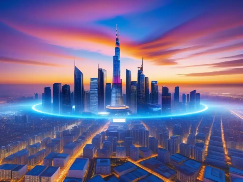 Skyline futurista de REITs: innovación tecnológica y real estate Un horizonte futurista de REITs conectados por tecnología, bajo un atardecer digital