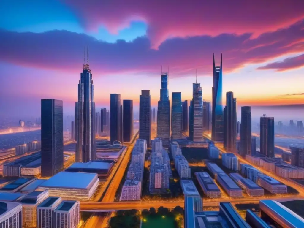 Horizonte futurista: metrópolis brillante y conectada al atardecer Un horizonte futurista de imponentes rascacielos iluminados por un vibrante atardecer