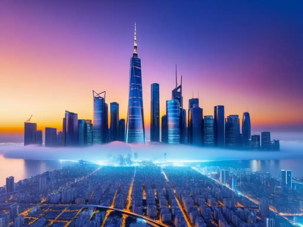 Metrópolis digital: Real Estate futurista en atardecer digital Un horizonte futurista con rascacielos reflejando un atardecer digital, integrando tecnología y bienes raíces en una metrópolis vibrante