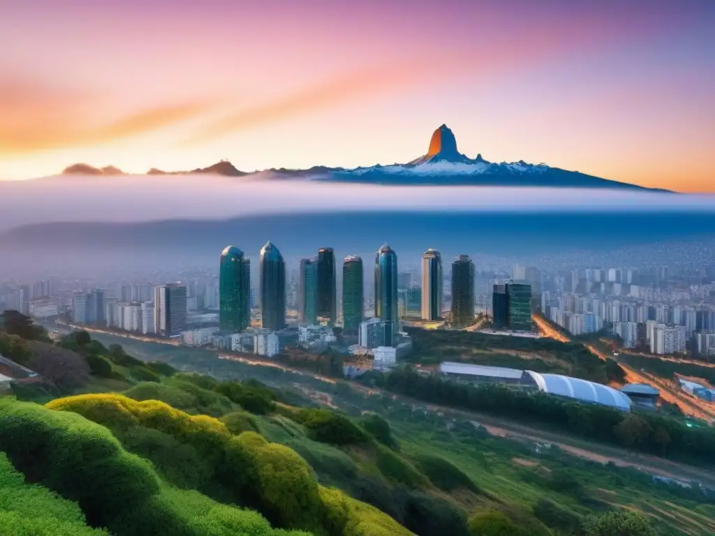 Horizonte futurista de Santiago, Chile: luces doradas al atardecer Un horizonte futurista de Santiago, Chile, con rascacielos reflejando el atardecer dorado, iluminado por luces vibrantes