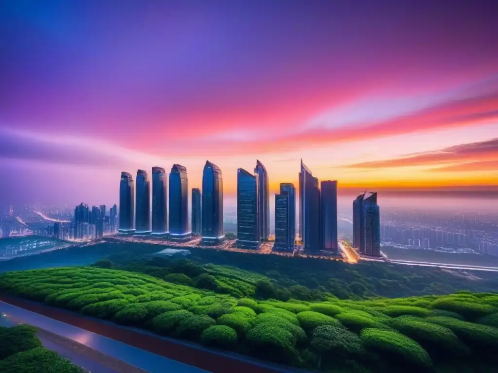 Horizonte futurista: ciudad ultramoderna y próspera Un horizonte futurista con rascacielos brillantes y tecnología avanzada, iluminados con luces de neón, rodeados de vegetación y un atardecer dramático