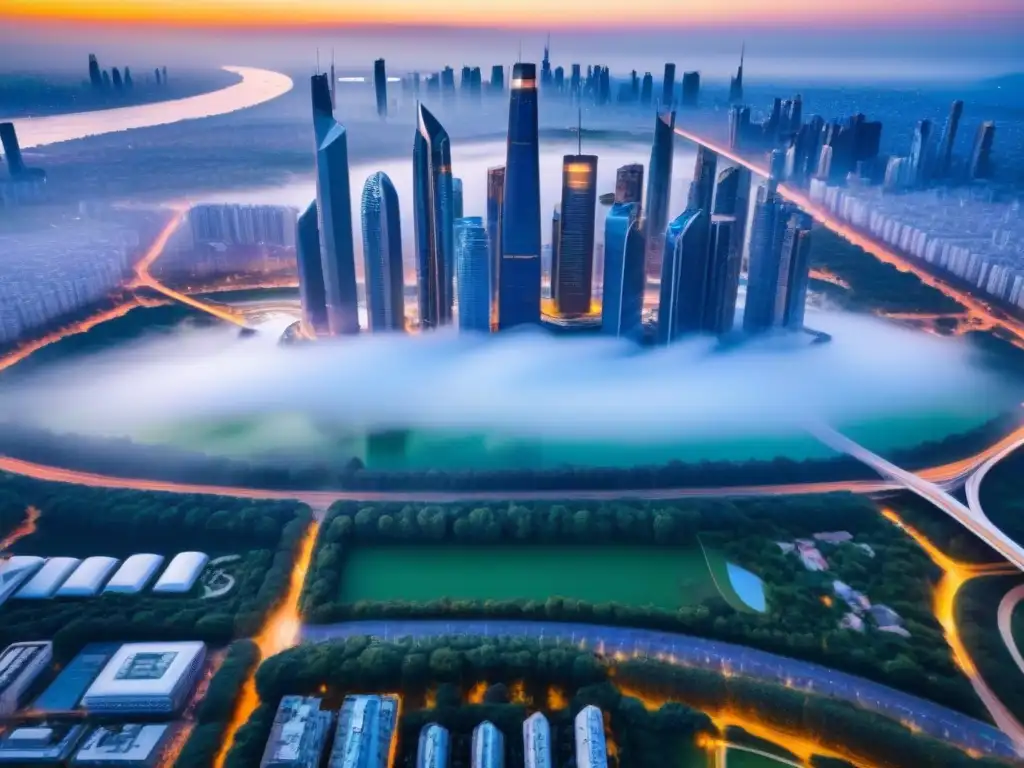 Metrópolis futurista: arquitectura moderna y sostenible al atardecer Un horizonte futurista con rascacielos, calles animadas y espacios verdes innovadores iluminados por la cálida luz del atardecer, reflejando progreso y diseño sostenible