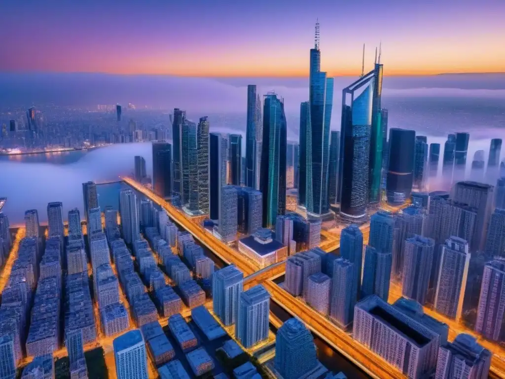 Horizonte futurista: datos inmobiliarios en proyección Un horizonte futurista al anochecer, con rascacielos elegantes, calles iluminadas y proyecciones digitales de datos de mercado inmobiliario