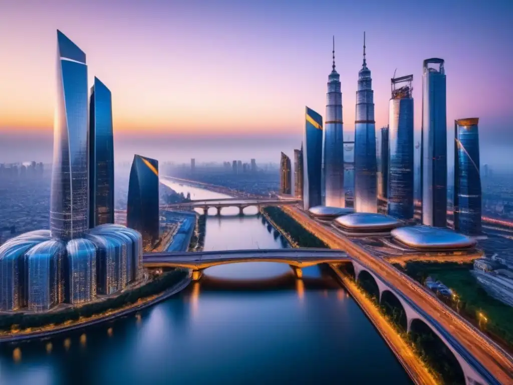 Metrópolis futurista: rascacielos innovadores y tecnología avanzada Un horizonte futurista al anochecer con rascacielos innovadores y drones entregando paquetes, reflejando servicios inmobiliarios innovadores
