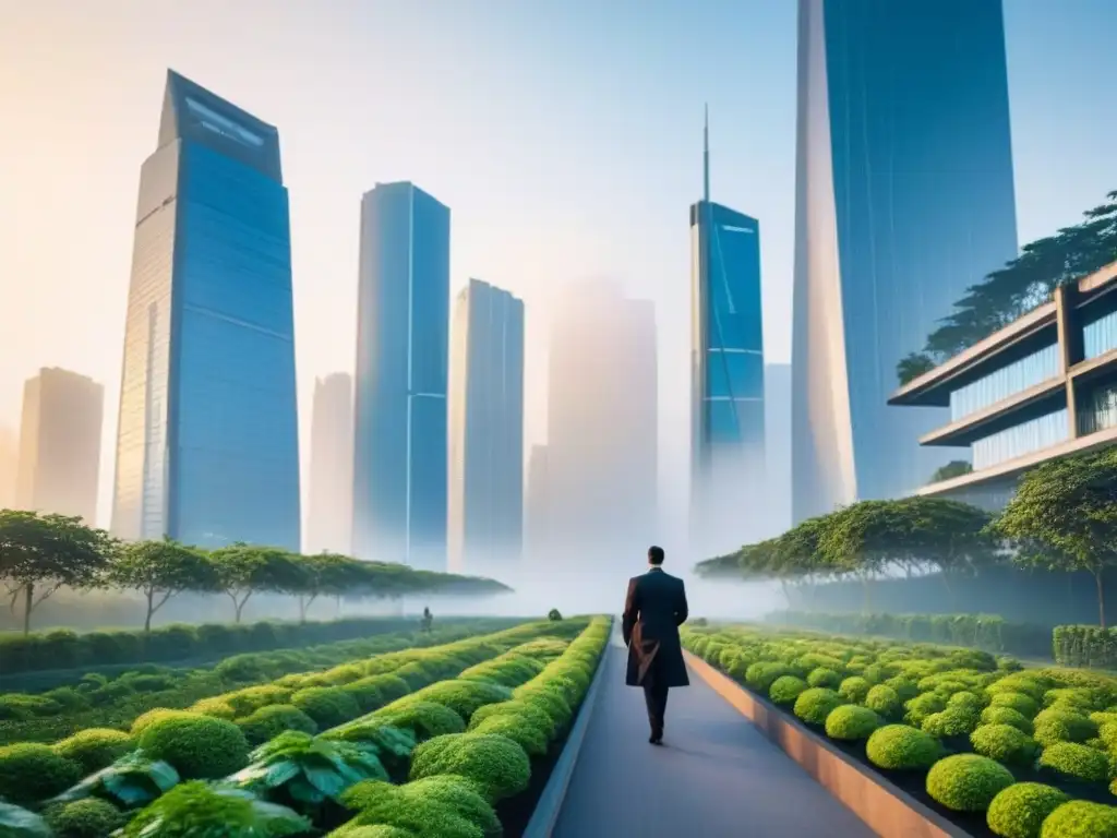 Metrópolis futurista: armonía entre rascacielos y naturaleza Un horizonte futurista con rascacielos integrados con vegetación, simbolizando el futuro de la arquitectura sostenible