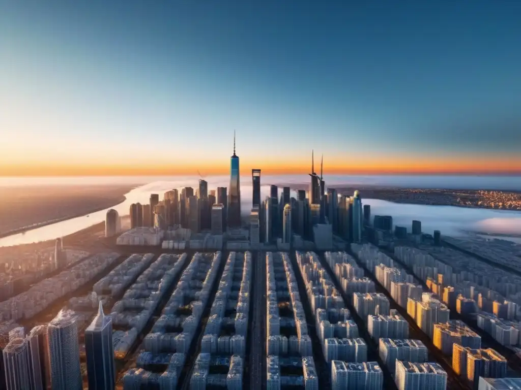 Horizonte futurista: innovación en inversión inmobiliaria Un horizonte futurista con rascacielos, reflejando innovación en inversión inmobiliaria