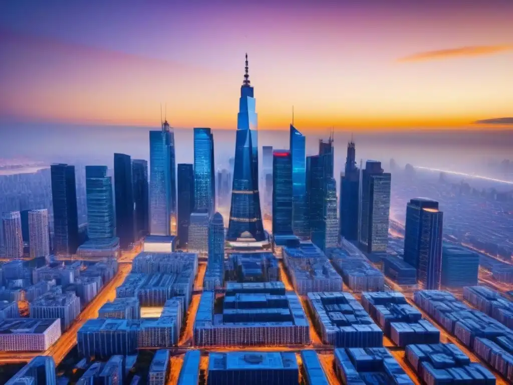 Futurista ciudad digital: análisis de mercado inmobiliario en tiempo real Horizonte futurista con rascacielos y pantallas digitales mostrando análisis big data mercado inmobiliario al atardecer dorado