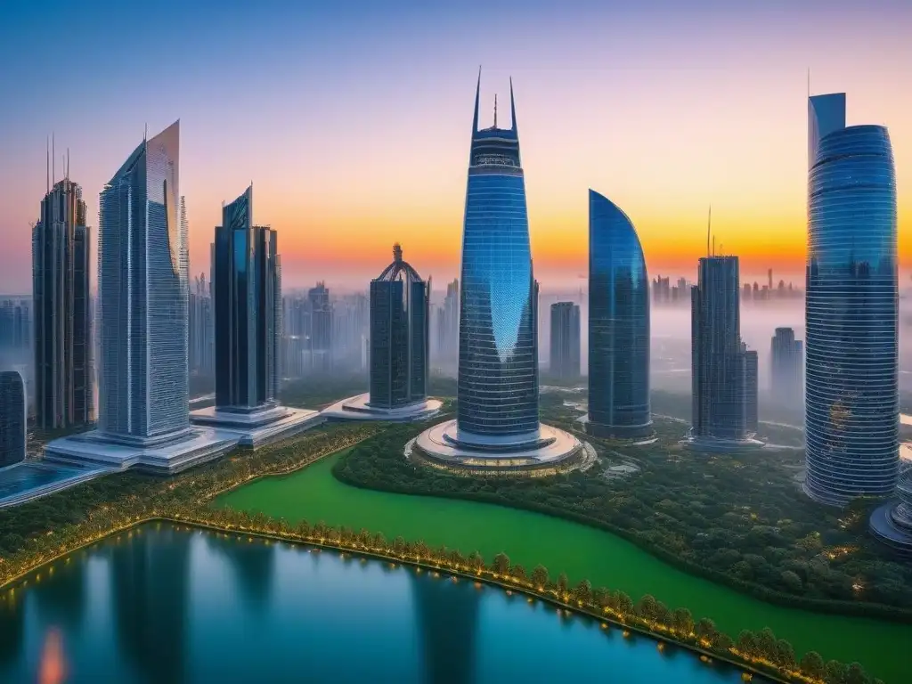 Metrópolis futurista: rascacielos en atardecer vibrante Un horizonte futurista de rascacielos en una puesta de sol vibrante refleja innovación y naturaleza