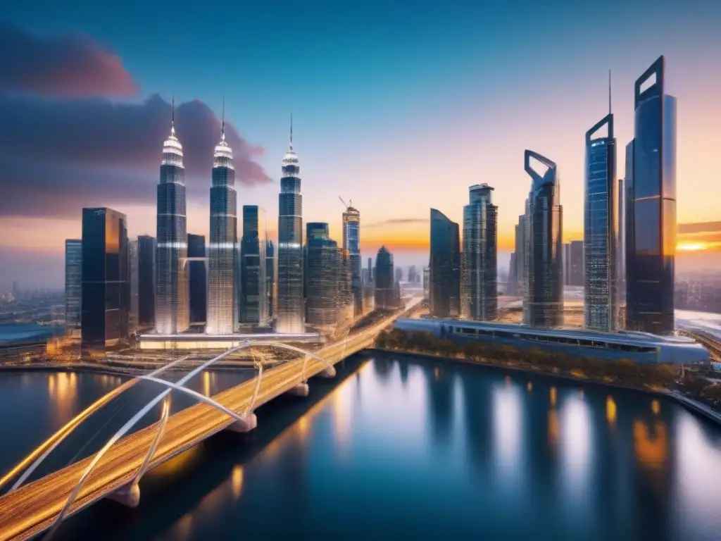 Metrópolis futurista: arquitectura dorada y naturaleza en armonía Un horizonte futurista con rascacielos reflejando el sol dorado, sobre un río cristalino