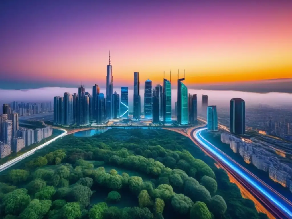 Metrópolis futurista: innovación y naturaleza en perfecta armonía Un horizonte futurista con rascacielos y tecnología avanzada, fusionando naturaleza y arquitectura moderna al atardecer