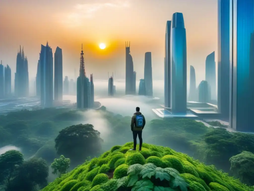 Visión futurista: ciudad ecológica integrada con la naturaleza Un horizonte futurista con rascacielos de vidrio, naturaleza y tecnología integradas, iluminado por un atardecer dorado