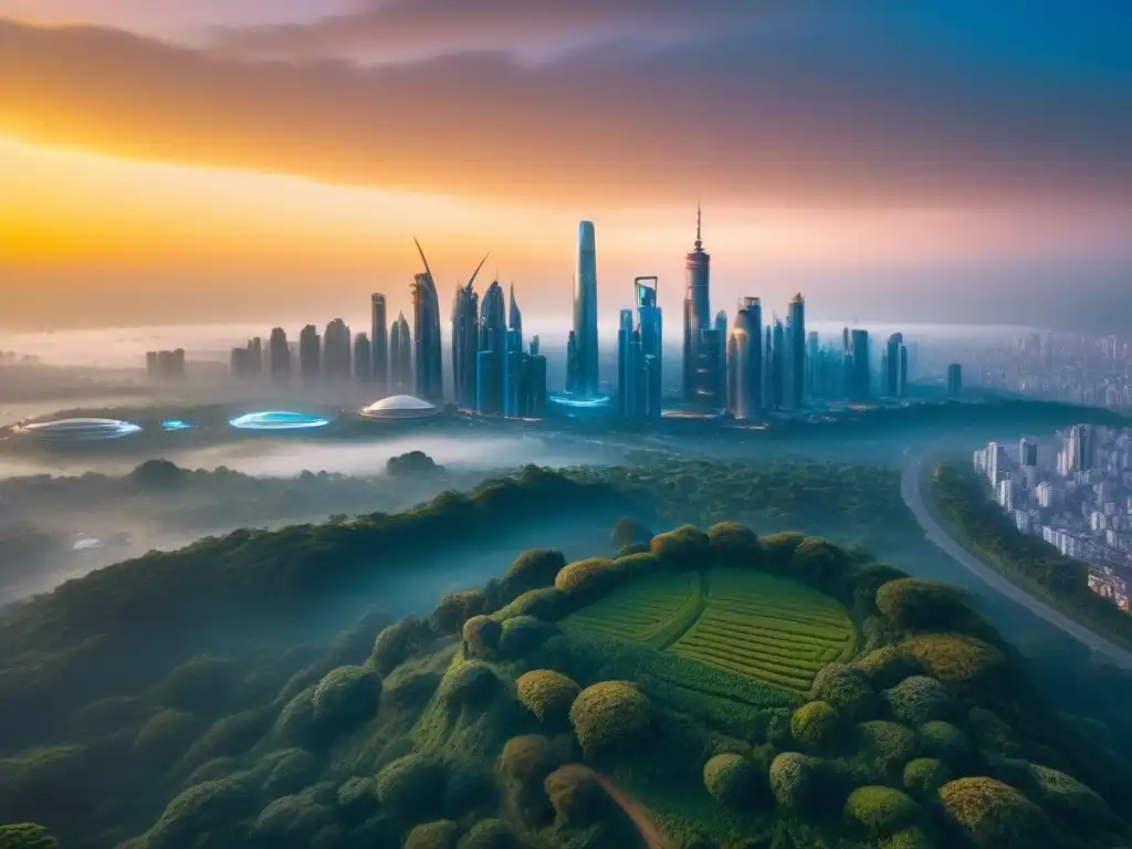 Horizonte futurista en mercado emergente: lujo y tecnología Un horizonte futurista con tecnología integrada en rascacielos de lujo en una ciudad emergente, bañados por la luz dorada del atardecer