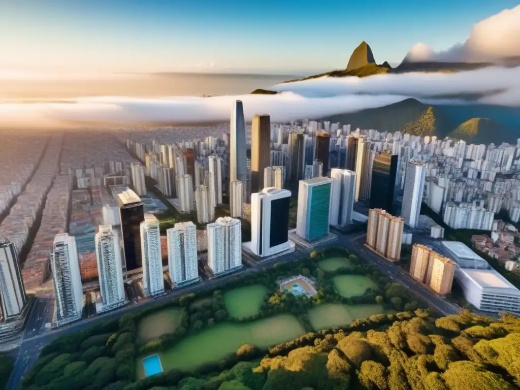 Cityscape vibrante: modernidad y tradición en ciudad sudamericana Un horizonte moderno en una bulliciosa ciudad sudamericana postpandemia, simbolizando el dinámico mercado de inversiones inmobiliarias en Sudamérica