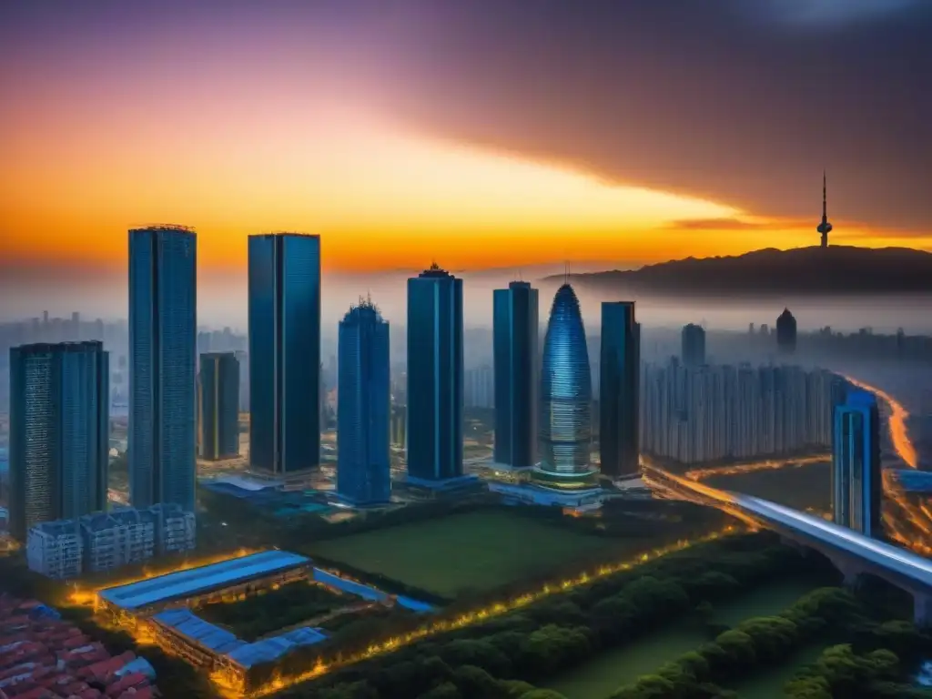 Horizonte urbano: inversión en mercados emergentes Un horizonte moderno y vibrante en una ciudad emergente, fusionando rascacielos con arquitectura tradicional