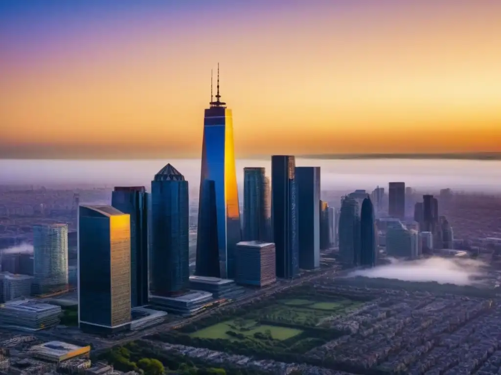Oportunidades de inversión: skyline urbano al atardecer Un horizonte de rascacielos modernos al atardecer, con edificios de vidrio reflejando la cálida luz dorada del sol