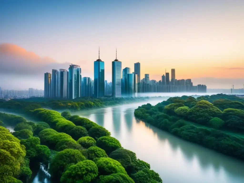 Horizonte urbano al atardecer: armonía entre rascacielos y naturaleza Horizonte urbano al atardecer, rascacielos reflejando luz dorada, río y parques verdes