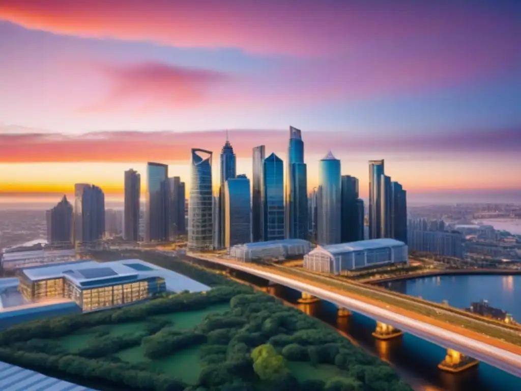 Skyline diverso: crecimiento y estabilidad en REITs Horizonte urbano diverso con edificios iluminados por el sol, destacando la importancia de diversificar con REITs en tu cartera inmobiliaria
