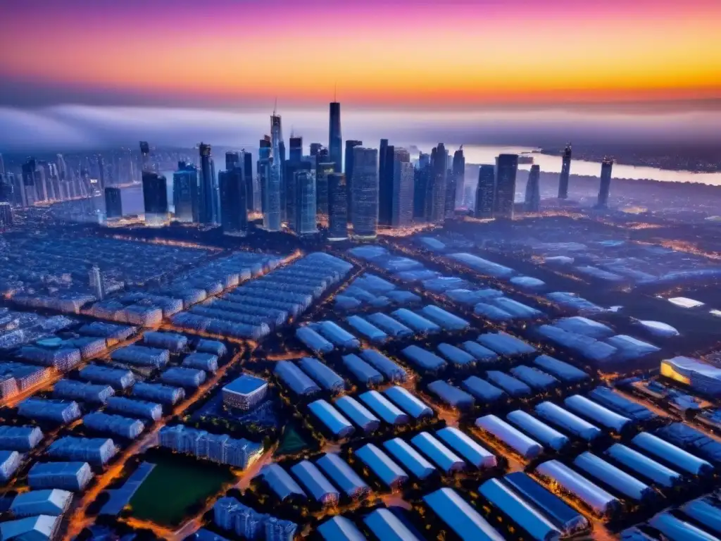 Horizonte urbano diverso y moderno al atardecer Un horizonte urbano diverso y moderno iluminado por un vibrante atardecer, simbolizando éxito en la gestión de riesgos mercado inmobiliario