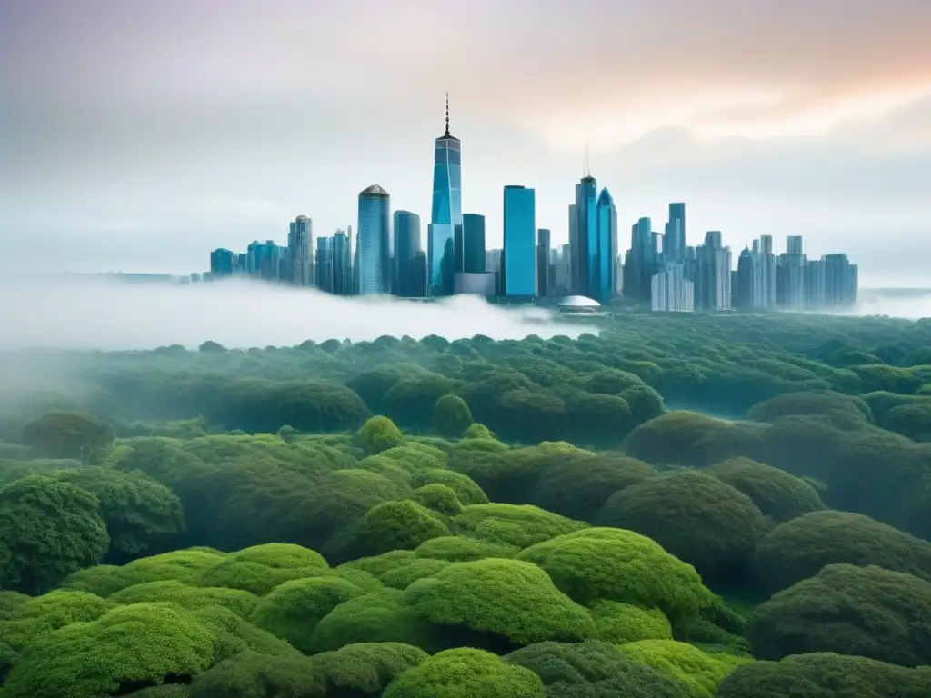 Simbiosis urbano-natural: ilustración detallada de ciudad y bosque Un horizonte urbano fusionado con un exuberante bosque, simbolizando la restauración de paisajes en la lucha contra el cambio climático