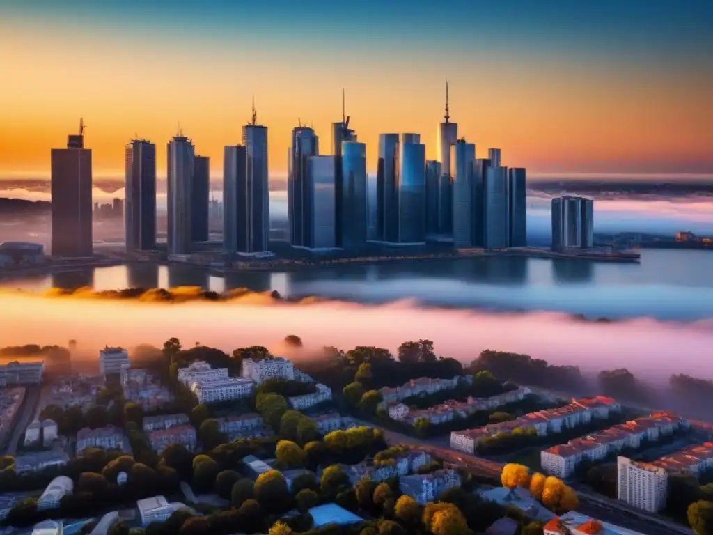 Horizonte futurista: valuación inmobiliaria en tiempo real en la ciudad Horizonte urbano futurista al atardecer con rascacielos reflectantes, integrando herramientas valoración propiedades tiempo real