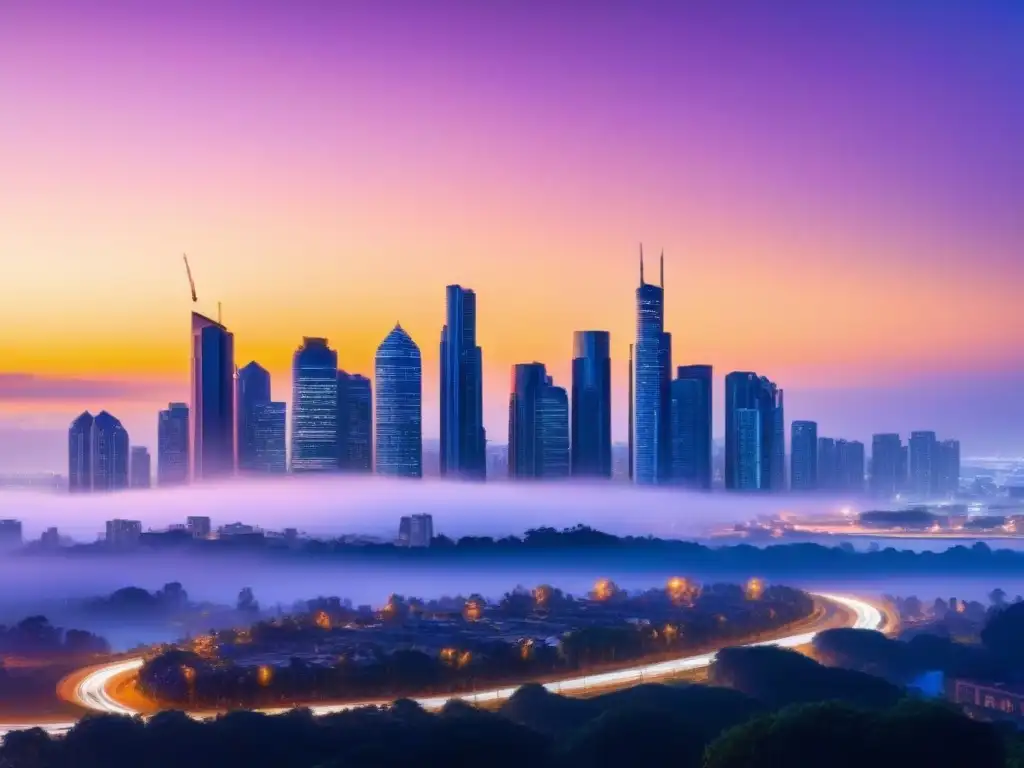 Metrópolis futurista: inversión inmobiliaria avanzada al atardecer Un horizonte urbano futurista al atardecer con edificios de vanguardia y ventanas brillantes, reflejando el sol
