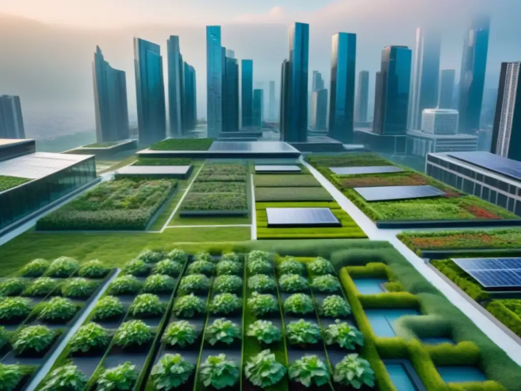 Horizonte urbano sostenible con rascacielos futuristas ecoamigables Horizonte urbano futurista con diseño ecoamigable y legislación conservación inmobiliaria actualizada